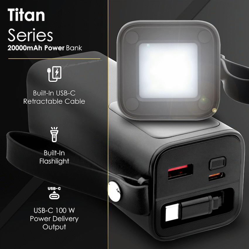 VolkanoX Titan Series - 20 000 mAh - Power Bank with retractable Type-C Cable with Flashlight